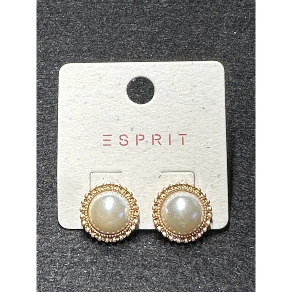 ESPRIT Gold Tone Pearl Stud Earrings Beaded Border Bridal Classic Style New